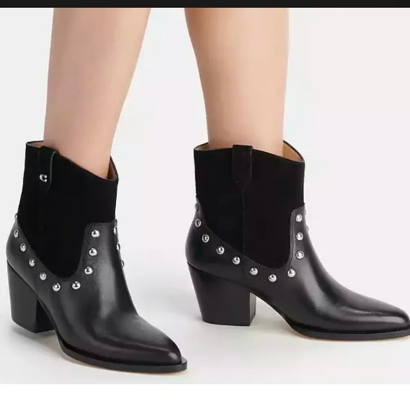 COACH Pauline Leather Suede Bootie Black 8.5 B Womens Studded Western Ankle Boot - Picture 2 of 8